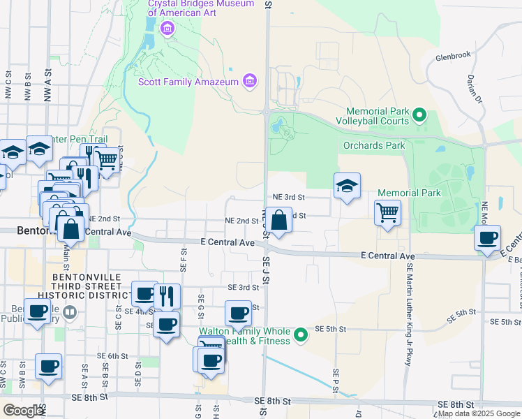 map of restaurants, bars, coffee shops, grocery stores, and more near 205 Northeast J Street in Bentonville