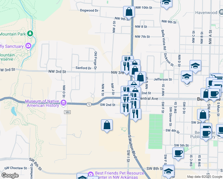 map of restaurants, bars, coffee shops, grocery stores, and more near 203 Northwest J Street in Bentonville