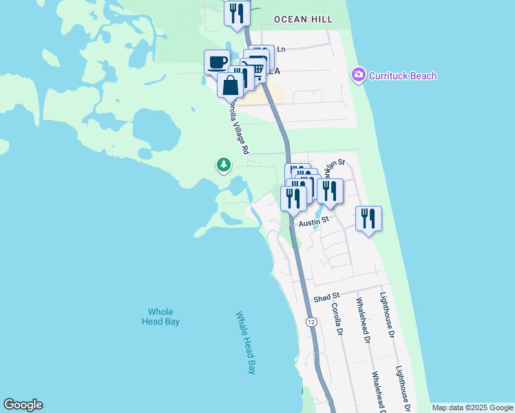 map of restaurants, bars, coffee shops, grocery stores, and more near 1123 Village Lane in Corolla