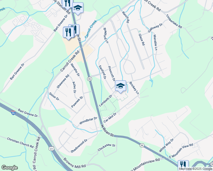 map of restaurants, bars, coffee shops, grocery stores, and more near 4009 Sanford Drive in Johnson City
