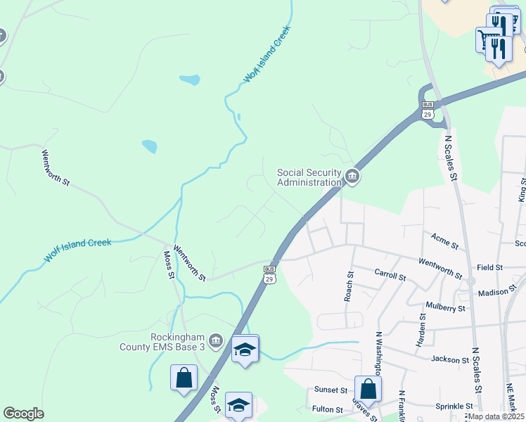 map of restaurants, bars, coffee shops, grocery stores, and more near 1009 Fawn Circle in Reidsville