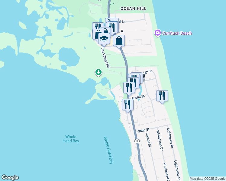 map of restaurants, bars, coffee shops, grocery stores, and more near 1123 Village Lane in Corolla