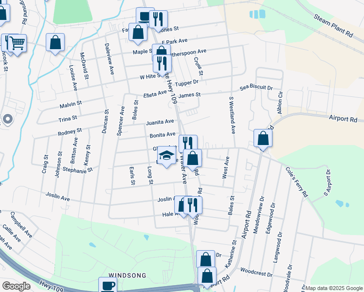 map of restaurants, bars, coffee shops, grocery stores, and more near 108 Glenn Avenue in Gallatin