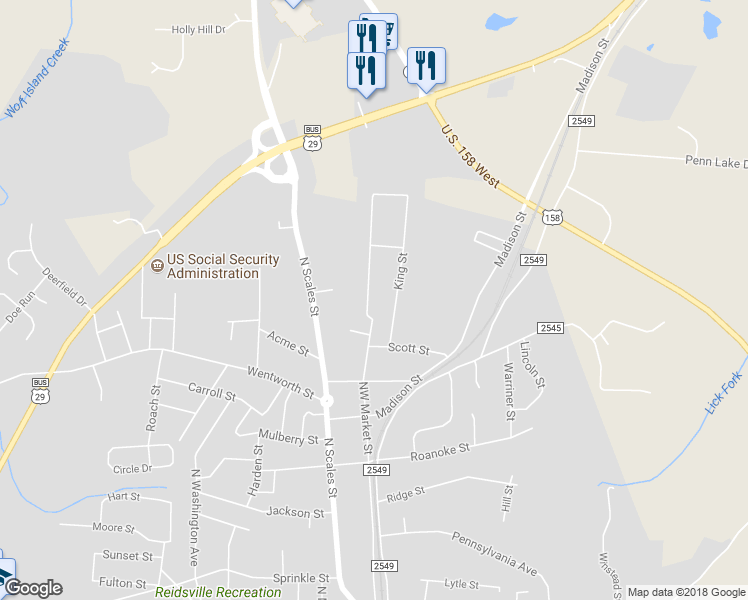 map of restaurants, bars, coffee shops, grocery stores, and more near 623 Northwest Market Street in Reidsville