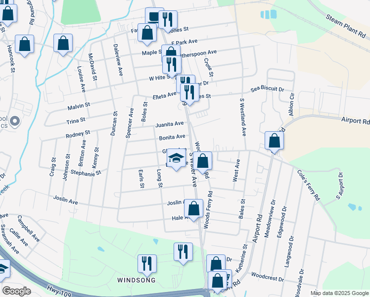 map of restaurants, bars, coffee shops, grocery stores, and more near 108 Glenn Avenue in Gallatin