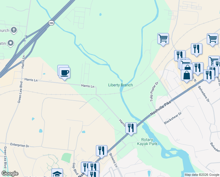 map of restaurants, bars, coffee shops, grocery stores, and more near 200 Harris Lane in Gallatin
