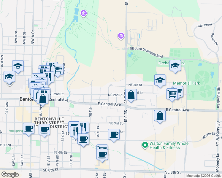 map of restaurants, bars, coffee shops, grocery stores, and more near 930 Meadowood Lane in Bentonville