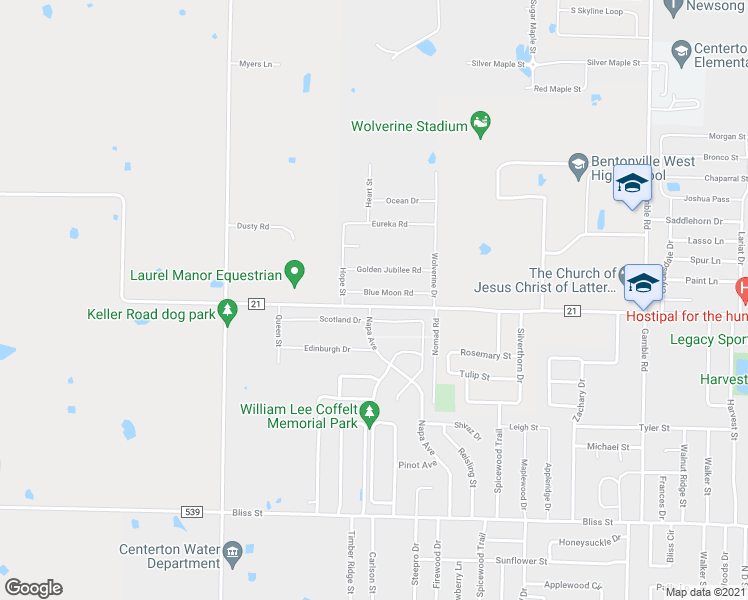 map of restaurants, bars, coffee shops, grocery stores, and more near 1501 Blue Moon Road in Centerton
