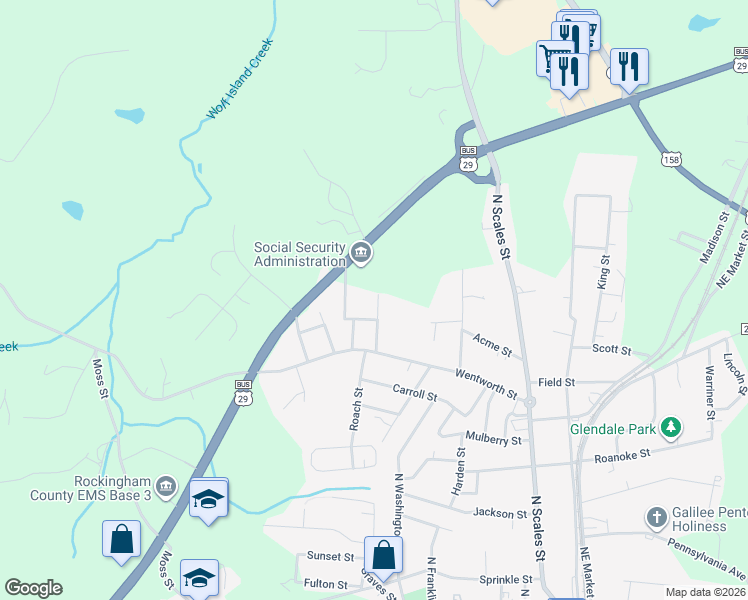 map of restaurants, bars, coffee shops, grocery stores, and more near 910 Norman Street in Reidsville