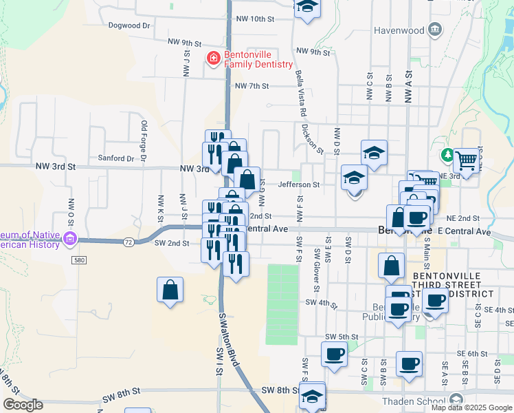 map of restaurants, bars, coffee shops, grocery stores, and more near 203 Northwest G Street in Bentonville