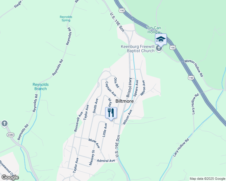 map of restaurants, bars, coffee shops, grocery stores, and more near 128 Captain Avenue in Elizabethton