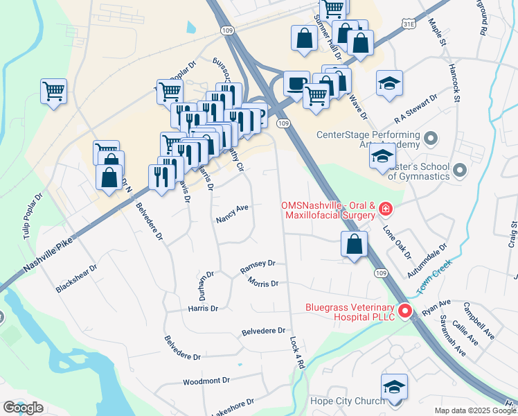 map of restaurants, bars, coffee shops, grocery stores, and more near 801 Kathy Circle in Gallatin