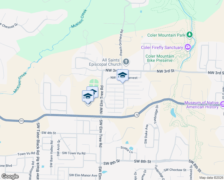 map of restaurants, bars, coffee shops, grocery stores, and more near 3106 Mimosa Way in Bentonville