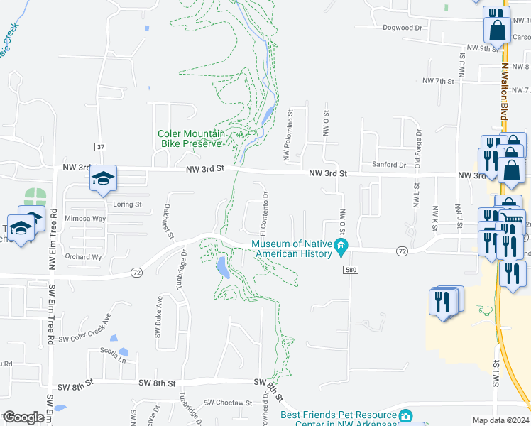 map of restaurants, bars, coffee shops, grocery stores, and more near 209 El Contento Drive in Bentonville