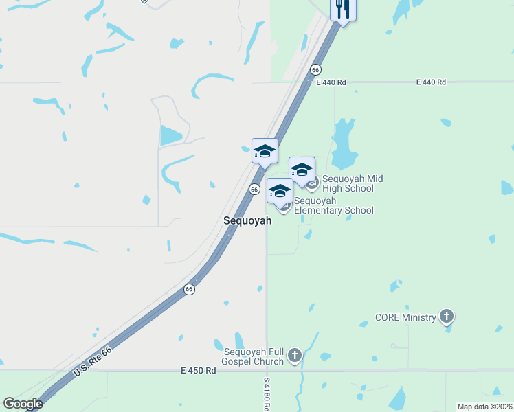 map of restaurants, bars, coffee shops, grocery stores, and more near 16451 Oklahoma 66 in Claremore