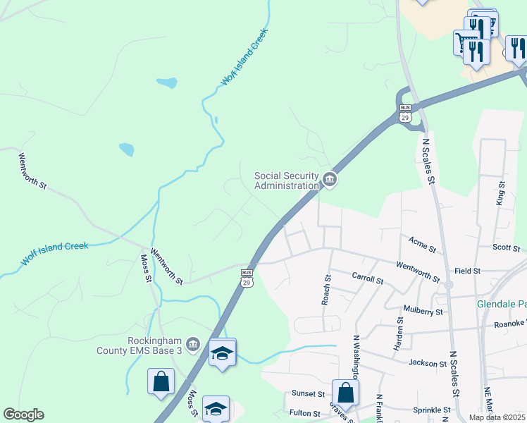 map of restaurants, bars, coffee shops, grocery stores, and more near 1001 Deerfield Drive in Reidsville
