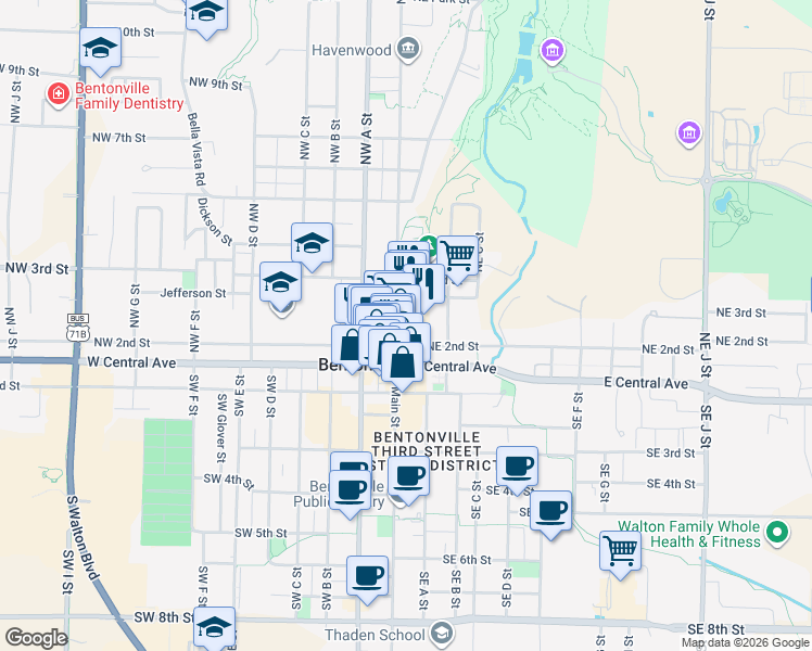 map of restaurants, bars, coffee shops, grocery stores, and more near 212 North Main Street in Bentonville