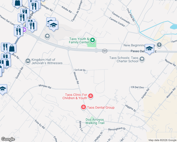 map of restaurants, bars, coffee shops, grocery stores, and more near La Luz Drive in Taos