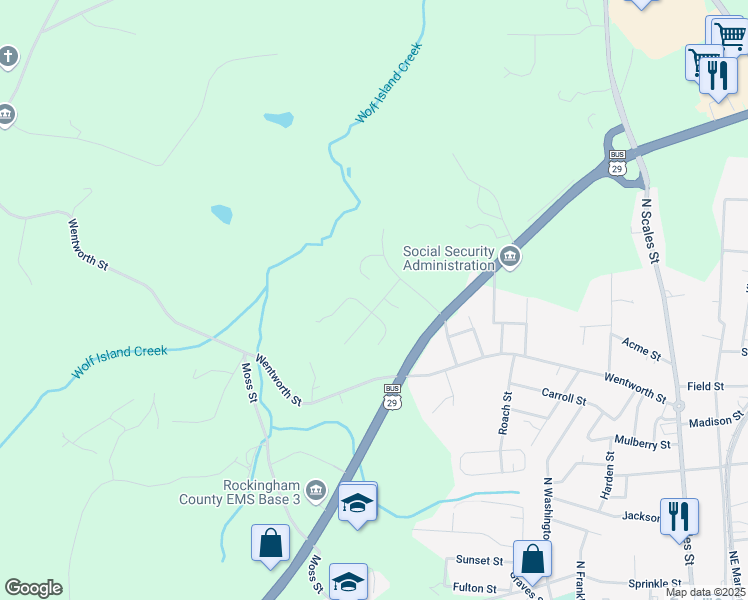map of restaurants, bars, coffee shops, grocery stores, and more near 1009 Fawn Circle in Reidsville
