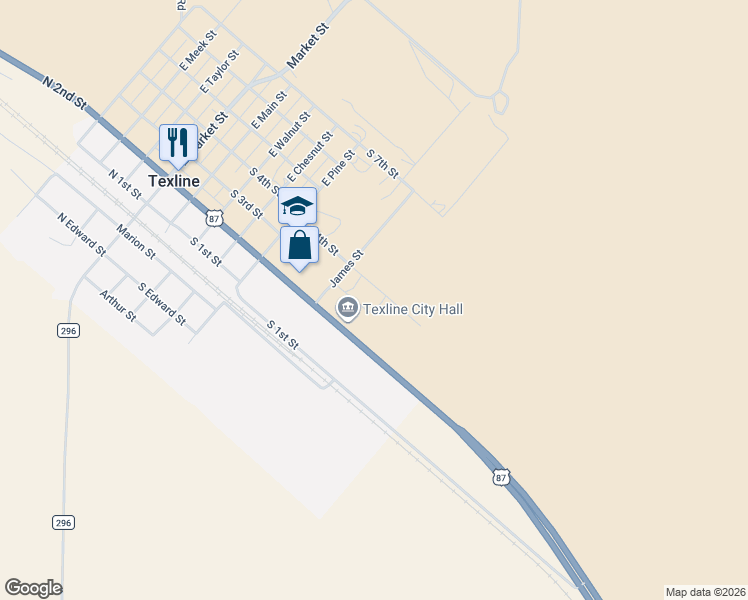 map of restaurants, bars, coffee shops, grocery stores, and more near 523 South 4th Street in Texline