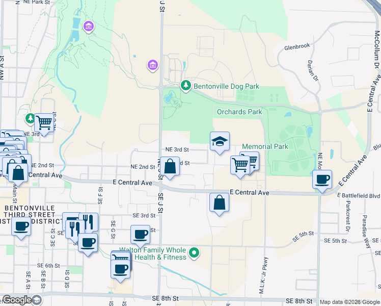 map of restaurants, bars, coffee shops, grocery stores, and more near 1207-1301 Northeast 2nd Street in Bentonville