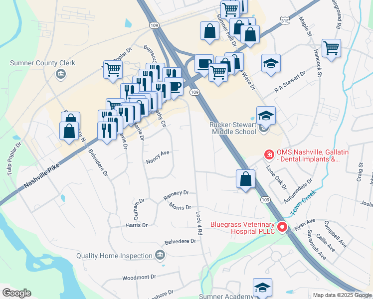 map of restaurants, bars, coffee shops, grocery stores, and more near 801 Kathy Circle in Gallatin