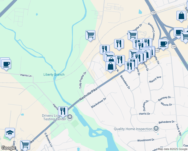 map of restaurants, bars, coffee shops, grocery stores, and more near 490 North Niagra Way in Gallatin