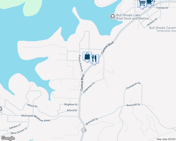 map of restaurants, bars, coffee shops, grocery stores, and more near 2229 Central Boulevard in Bull Shoals