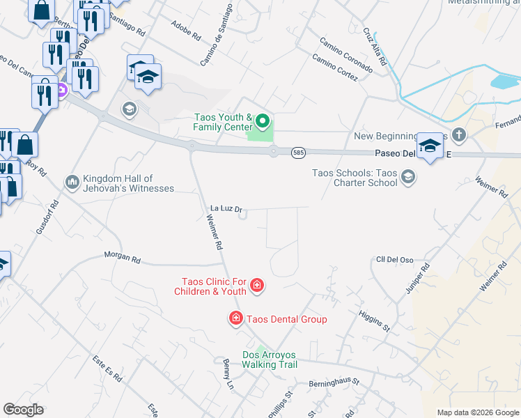 map of restaurants, bars, coffee shops, grocery stores, and more near La Luz Drive in Taos