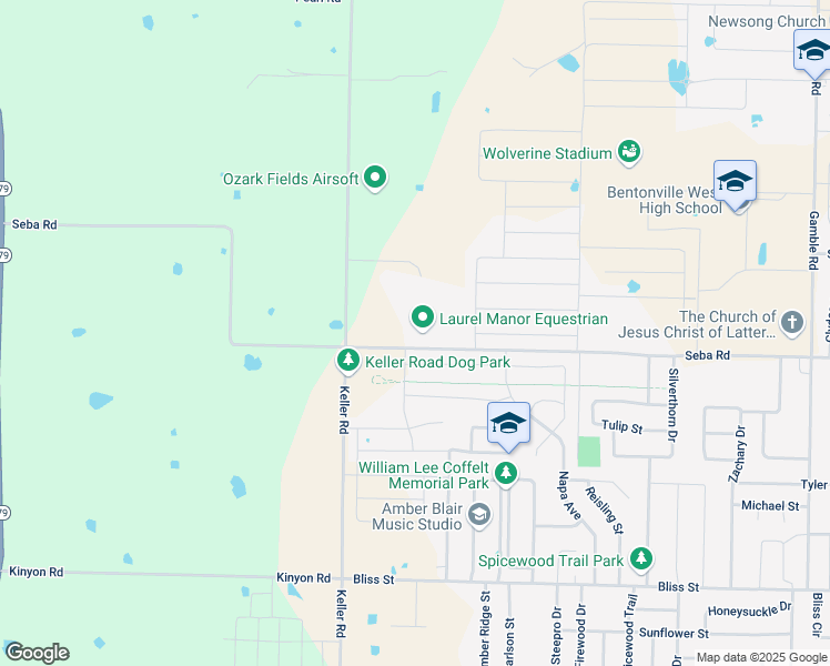 map of restaurants, bars, coffee shops, grocery stores, and more near 1053 Queen Street in Centerton
