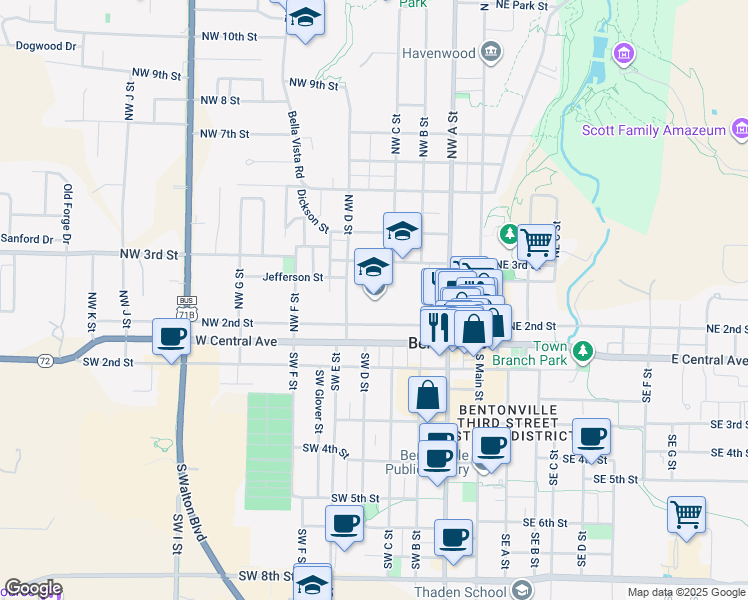map of restaurants, bars, coffee shops, grocery stores, and more near 410 Northwest 2nd Street in Bentonville