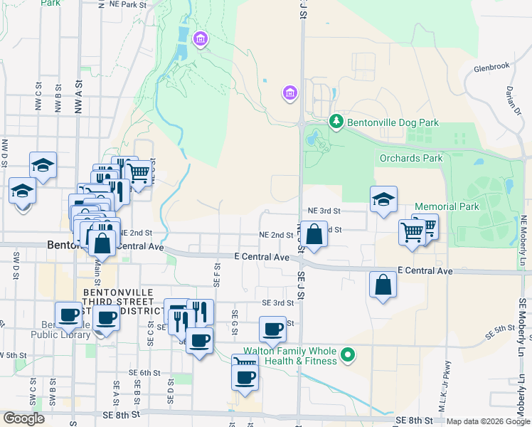 map of restaurants, bars, coffee shops, grocery stores, and more near 930 Meadowood Lane in Bentonville