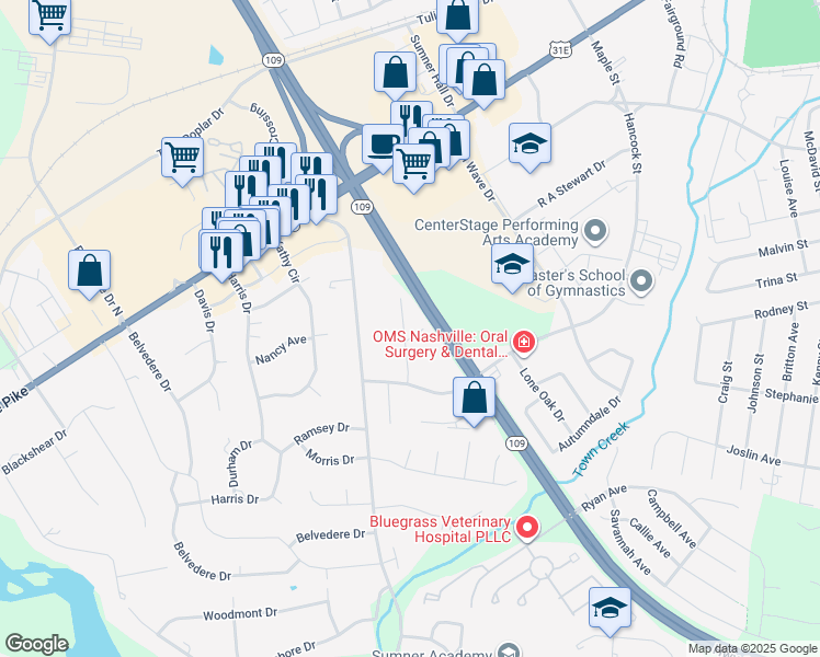 map of restaurants, bars, coffee shops, grocery stores, and more near 322 Trey Lane in Gallatin