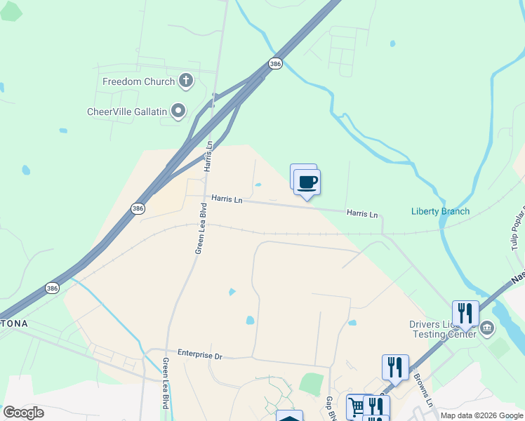 map of restaurants, bars, coffee shops, grocery stores, and more near 299 Harris Lane in Gallatin