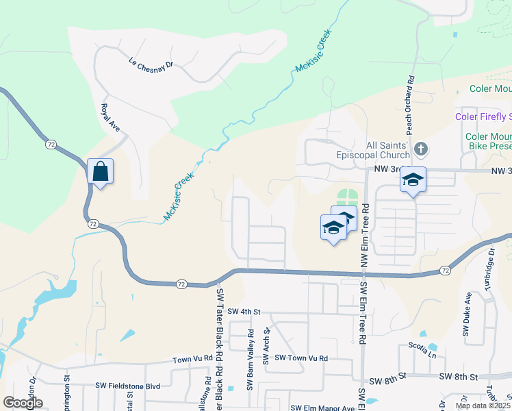 map of restaurants, bars, coffee shops, grocery stores, and more near 104 Northwest White Oak Road in Bentonville