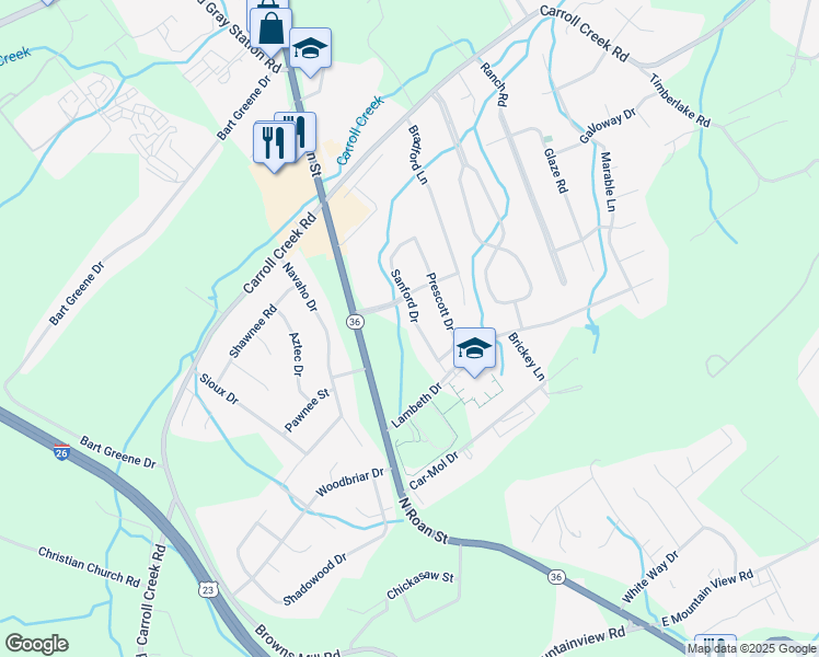 map of restaurants, bars, coffee shops, grocery stores, and more near 4009 Sanford Drive in Johnson City