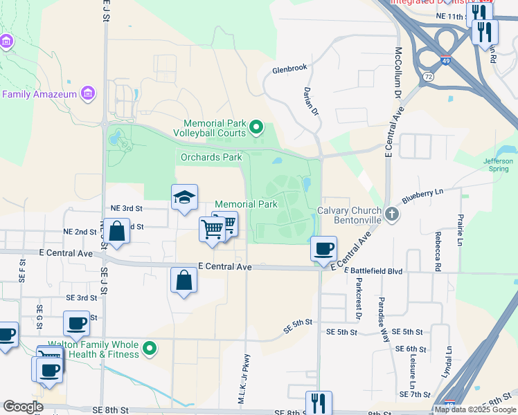 map of restaurants, bars, coffee shops, grocery stores, and more near 2000 Northeast Memorial Park Square in Bentonville