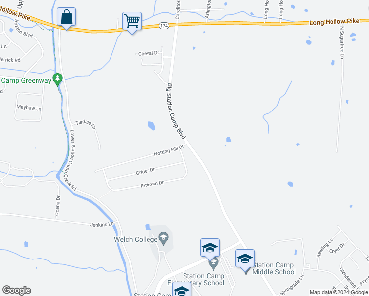 map of restaurants, bars, coffee shops, grocery stores, and more near 1003 Notting Hill Drive in Gallatin