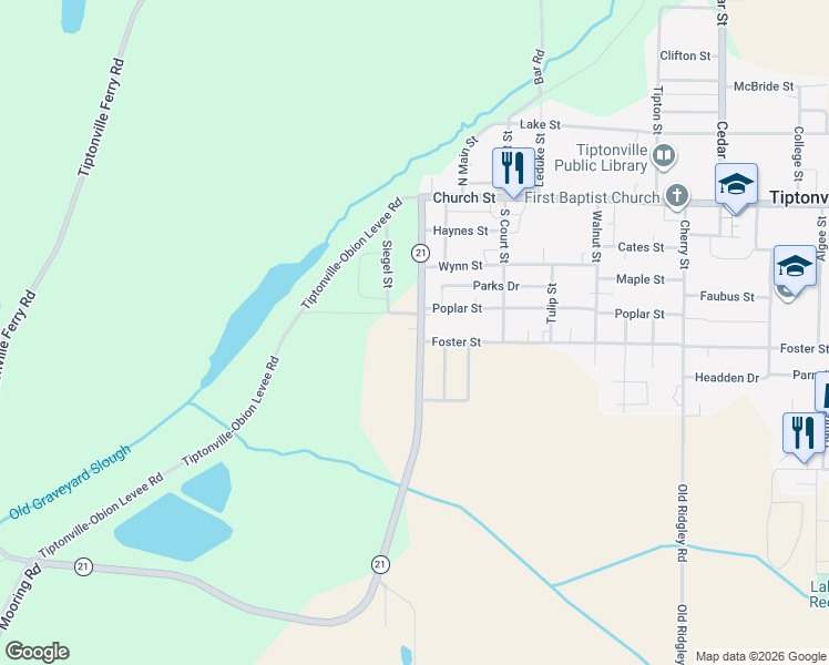 map of restaurants, bars, coffee shops, grocery stores, and more near 572 Tennessee 21 in Tiptonville