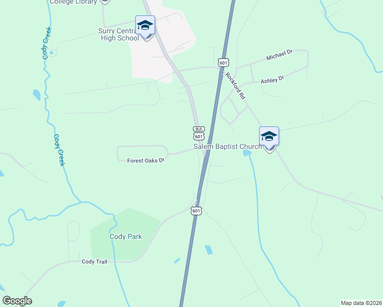 map of restaurants, bars, coffee shops, grocery stores, and more near 109 Forest Oaks Drive in Dobson