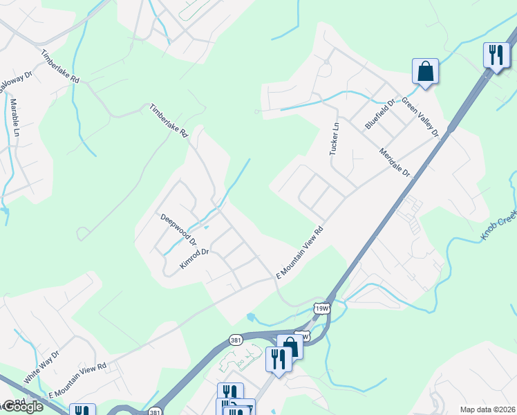 map of restaurants, bars, coffee shops, grocery stores, and more near 3610 Timberlake Road in Johnson City