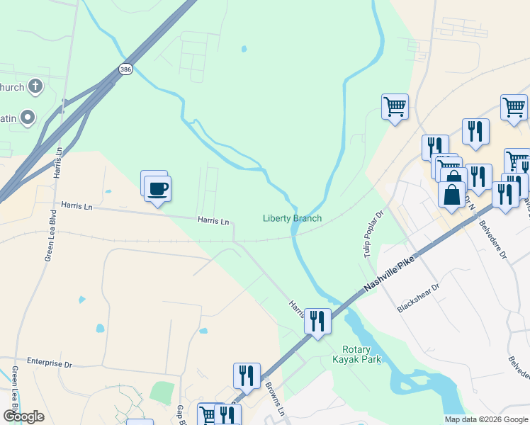 map of restaurants, bars, coffee shops, grocery stores, and more near 200 Harris Lane in Gallatin