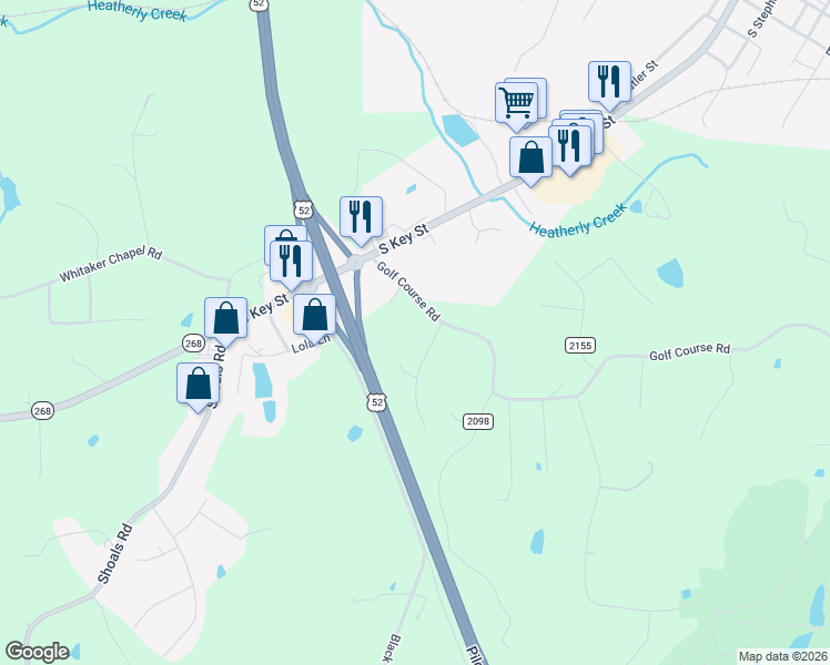 map of restaurants, bars, coffee shops, grocery stores, and more near 118 Golf Course Road in Pilot Mountain