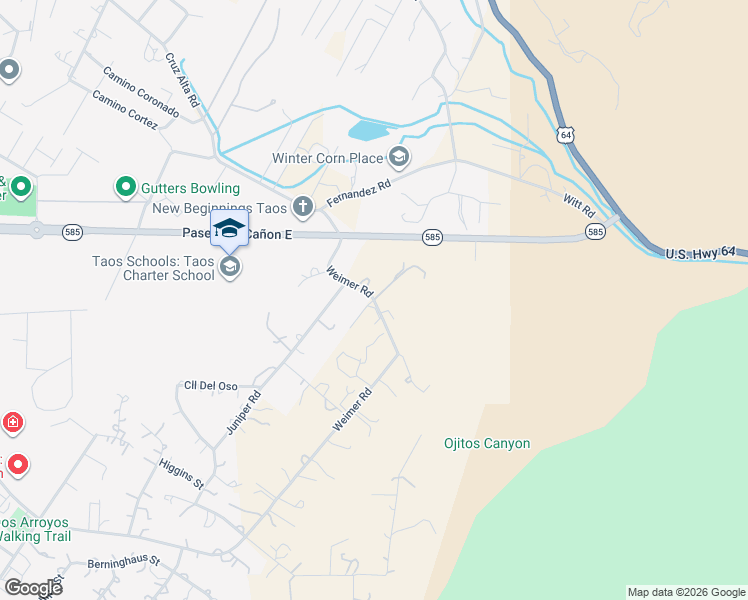 map of restaurants, bars, coffee shops, grocery stores, and more near 1636 Weimer Road in Taos