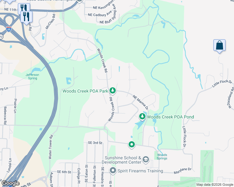 map of restaurants, bars, coffee shops, grocery stores, and more near 503 Northeast Lake Pointe Place in Bentonville