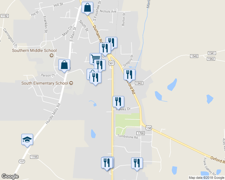 map of restaurants, bars, coffee shops, grocery stores, and more near 1120 Durham Road in Roxboro