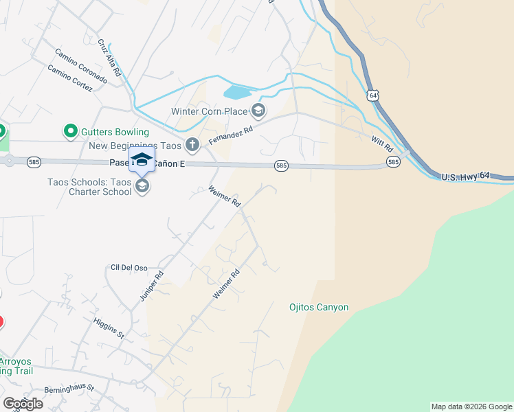 map of restaurants, bars, coffee shops, grocery stores, and more near 1636 Weimer Road in Taos