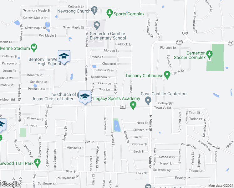 map of restaurants, bars, coffee shops, grocery stores, and more near 1200 Lariat Drive in Centerton