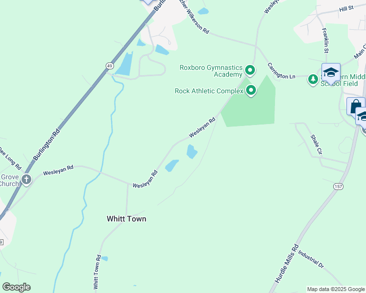 map of restaurants, bars, coffee shops, grocery stores, and more near 601 Wesleyan Road in Roxboro