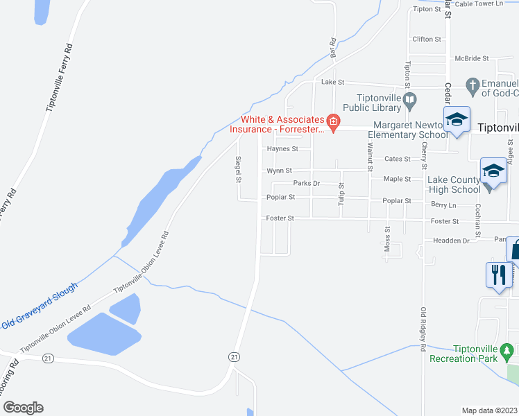 map of restaurants, bars, coffee shops, grocery stores, and more near 402 Elm Street in Tiptonville